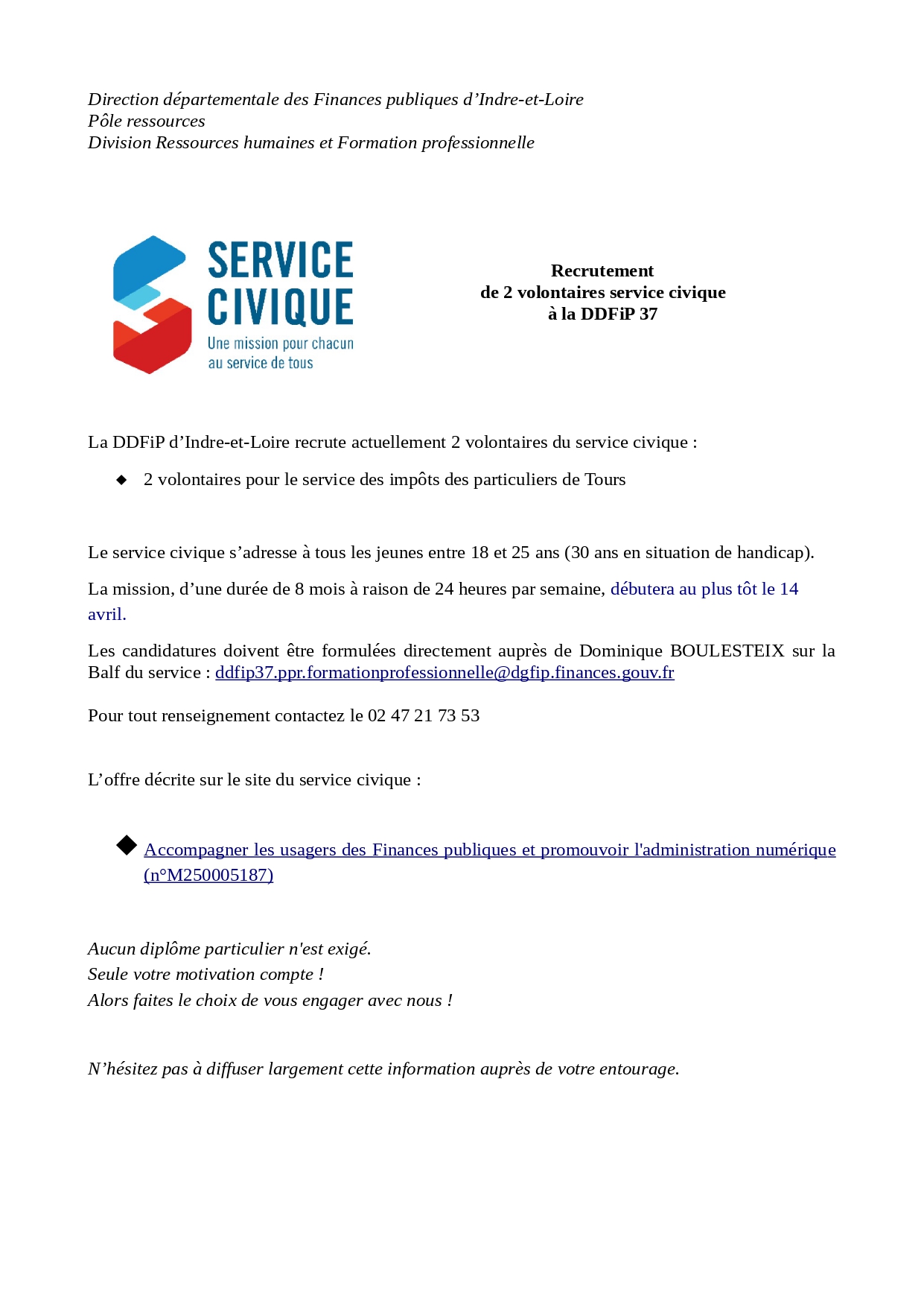 DDFIP37 Annonce recrutement 2 volontaires service civique à Tours