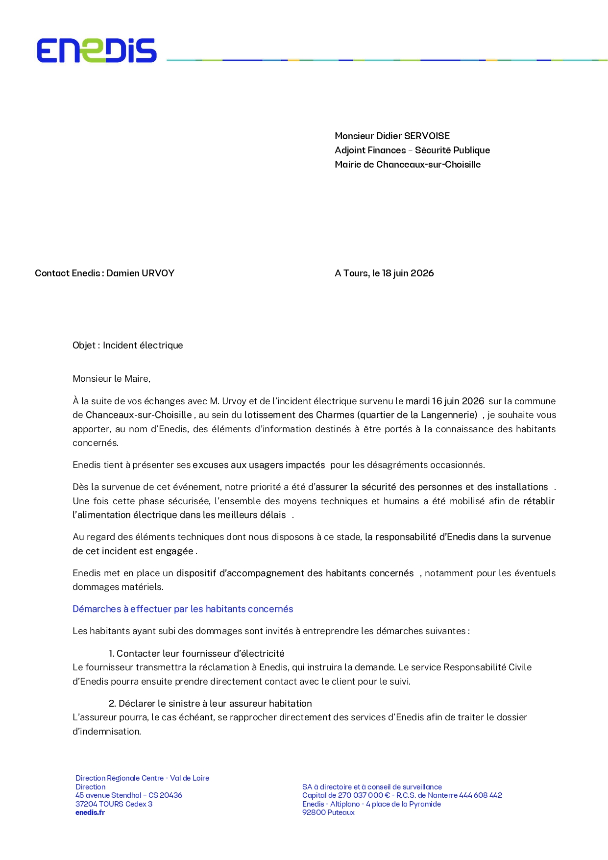 Enedis Courrier mairie de Chanceaux sur Choisille Incident électrique du 16 juin 2026 page 0001